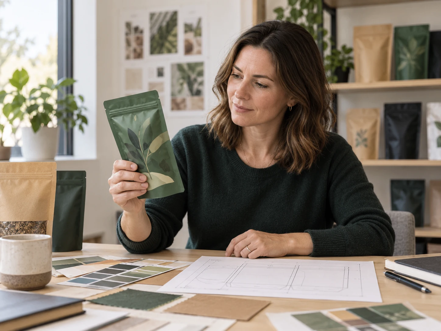 Female packaging specialist reviewing a printed stand-up pouch, material swatches and a pouch dieline.