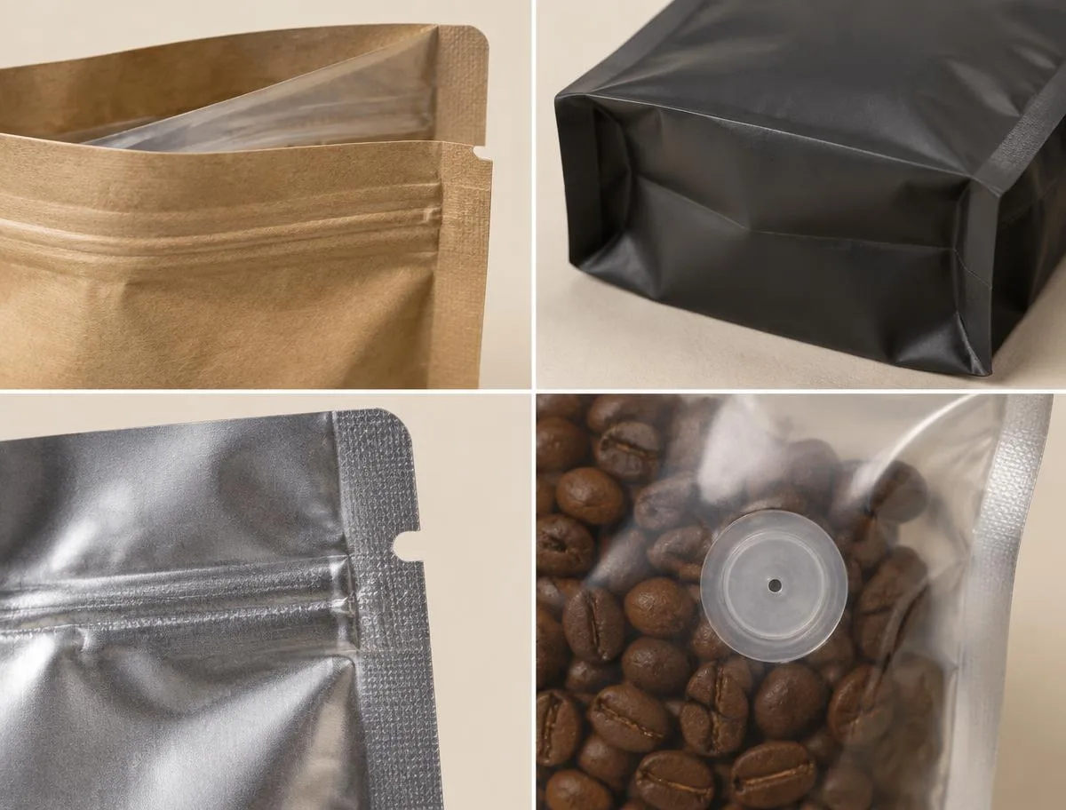 Close-up examples of a pouch zipper, bottom gusset, tear notch and coffee valve