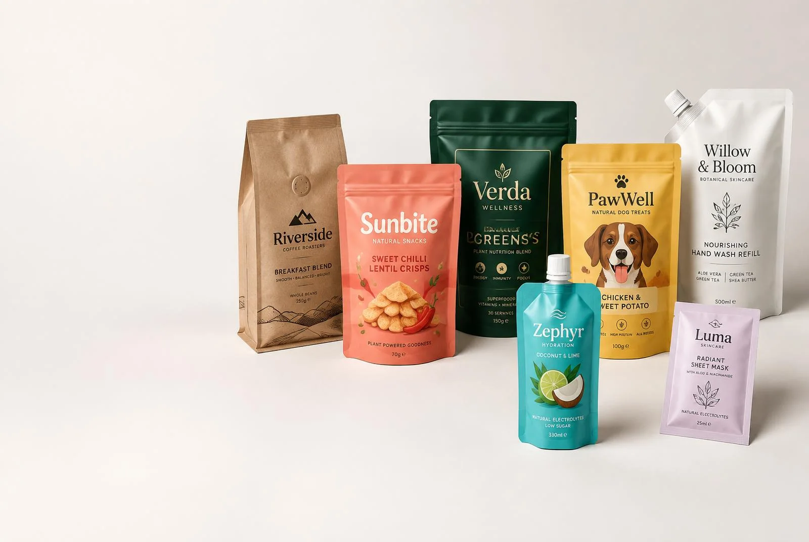 Colourful range of printed coffee, snack, supplement, pet treat, cosmetic, drink and sachet pouches