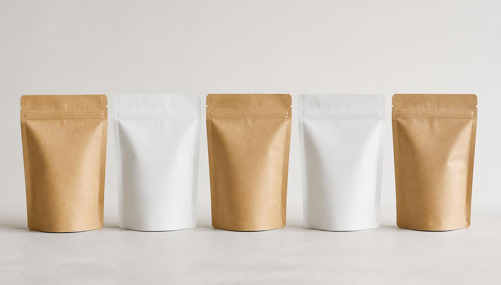 Row of blank kraft and matte white stand-up pouches