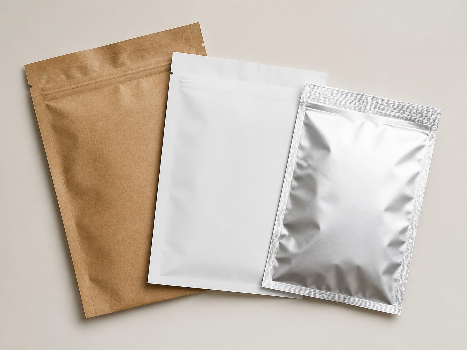 Flat kraft, white and foil sachets laid flat