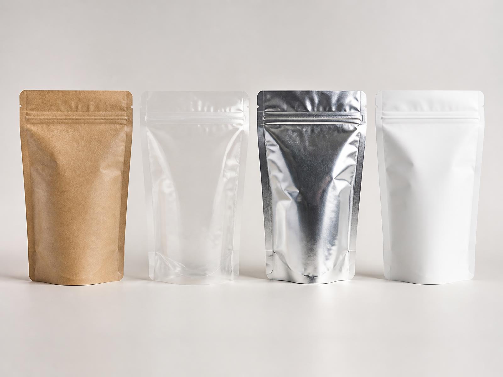 Kraft, clear film, metallic foil and matte white stand-up pouches side by side