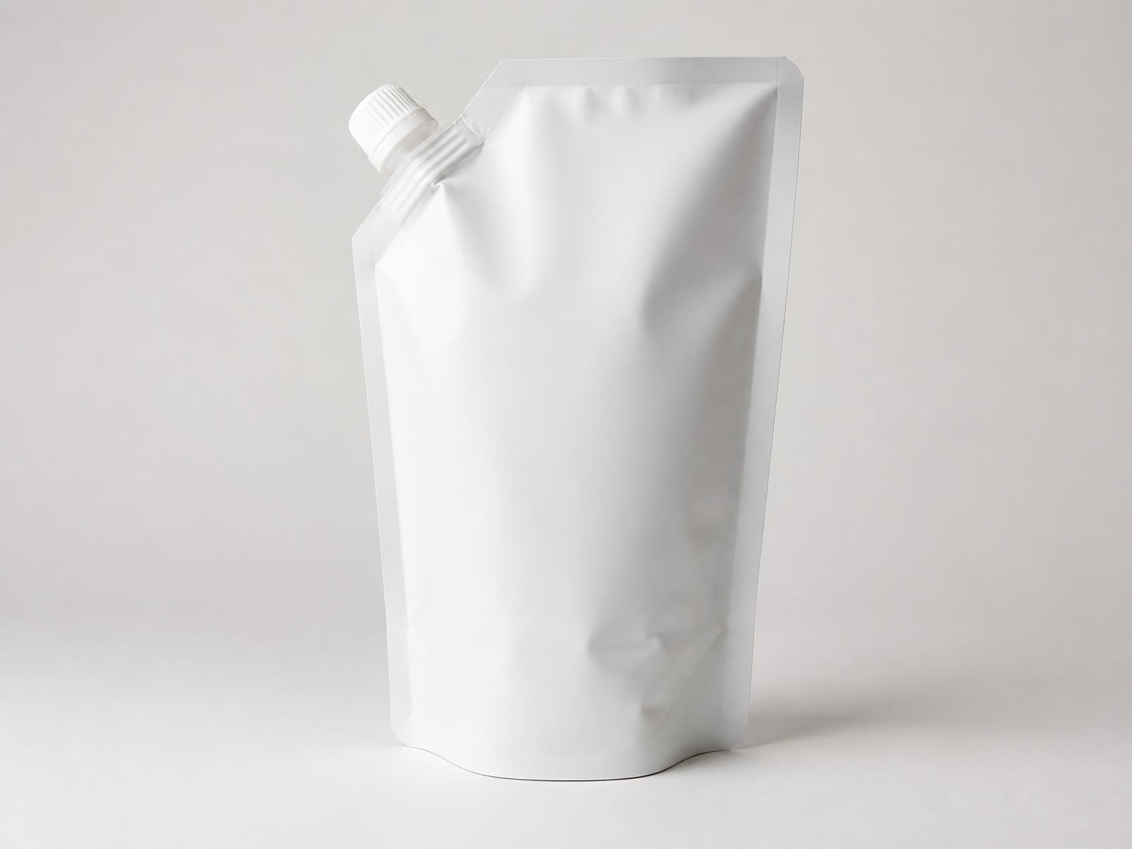 Blank white spouted liquid pouch with screw cap